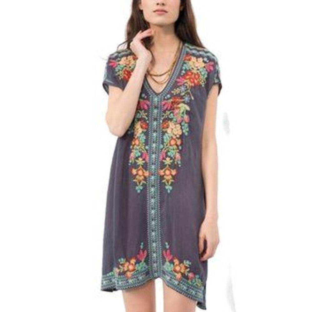 Johnny Was Embroidered Mini Dress Tunic top Sz L Gray Floral Boho Artsy Festival